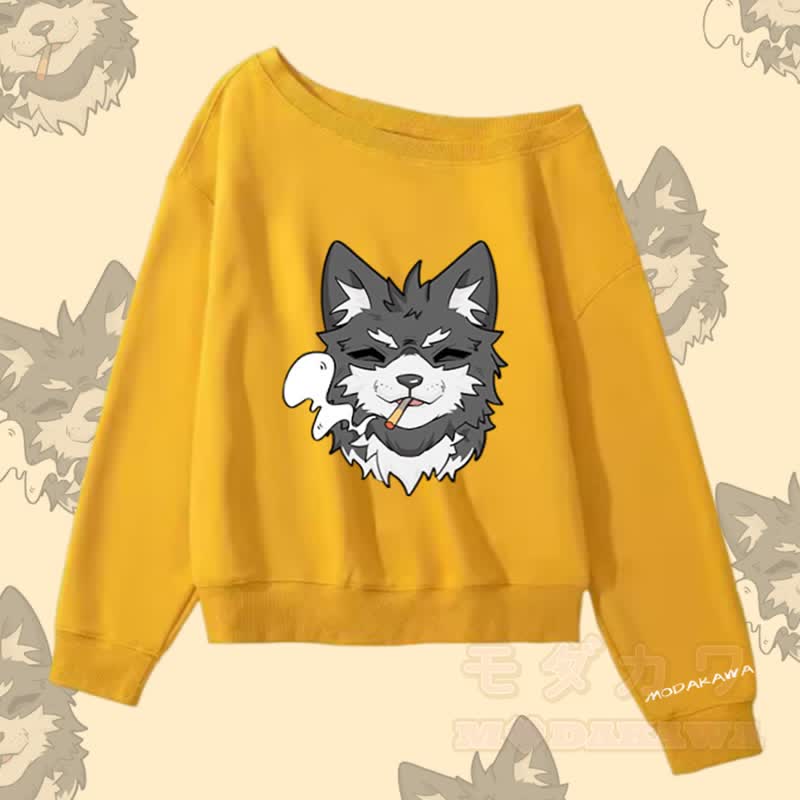 MODAKAWA Smoking Puppy Grafik Off Shoulder Sweatshirt - Gelb - L - image 3