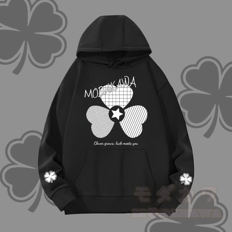 MODAKAWA Karierter Hoodie mit dreifachem Kleeblatt-Motiv (schwer) - Schwarz - 2XL - image 3