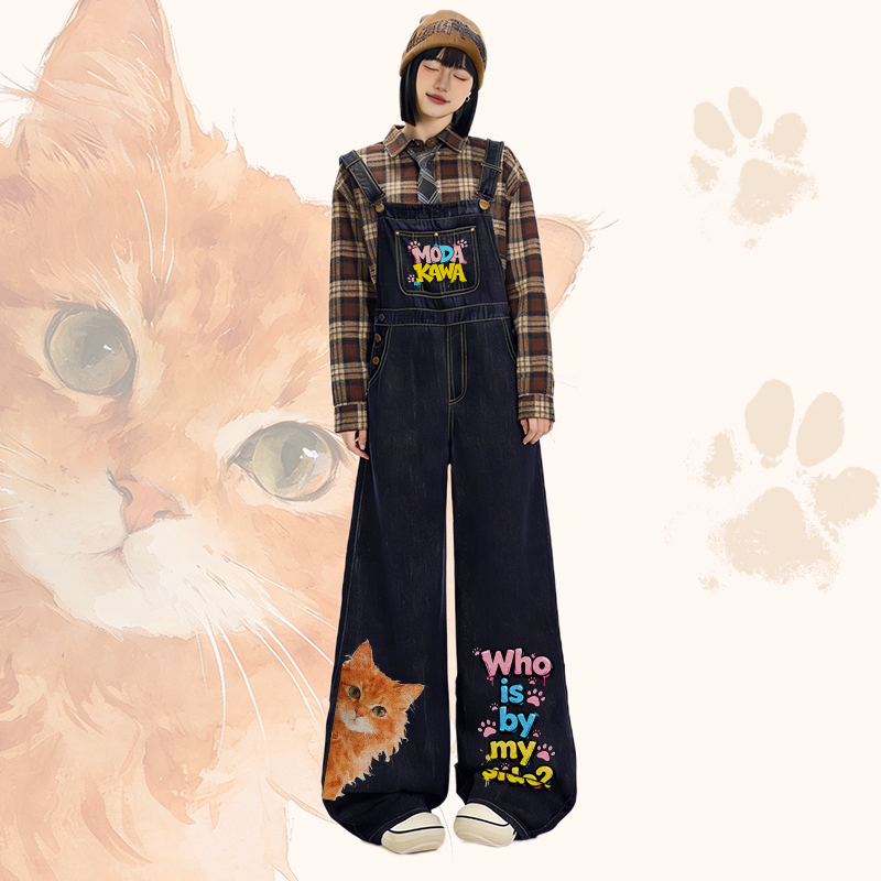 WER IST AN MEINER SEITE? Orangefarbenes kariertes Hemd mit Katzenmotiv, weit geschnittene Jeans-Latzhose, passendes Outfit von Modakawa - image 2