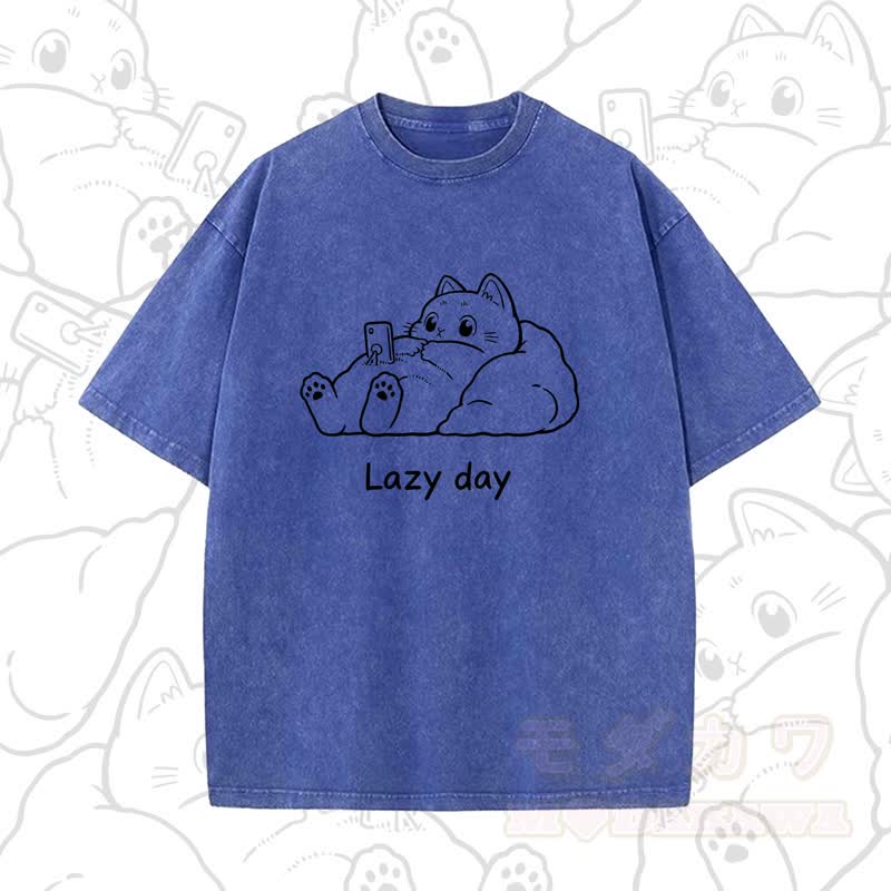 MODAKAWA LAZY DAY Kurzarm-T-Shirt mit niedlichem Katzenprint - Blau A - 5XL - image 10
