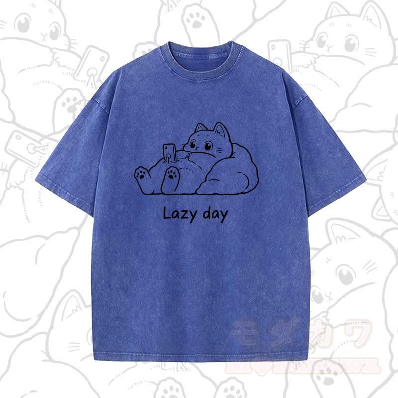 MODAKAWA LAZY DAY Kurzarm-T-Shirt mit niedlichem Katzenprint - Blau A - 5XL - image 10