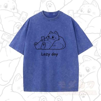 MODAKAWA LAZY DAY Kurzarm-T-Shirt mit niedlichem Katzenprint - Blau A - 5XL - image 10