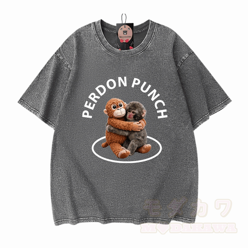 PERDON PUNCH Umarmungsaffen-Grafik Modakawa Unisex Vintage Washed T-Shirt - Grau - 5XL - image 7