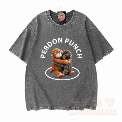 PERDON PUNCH Umarmungsaffen-Grafik Modakawa Unisex Vintage Washed T-Shirt - Grau - 5XL - image 7