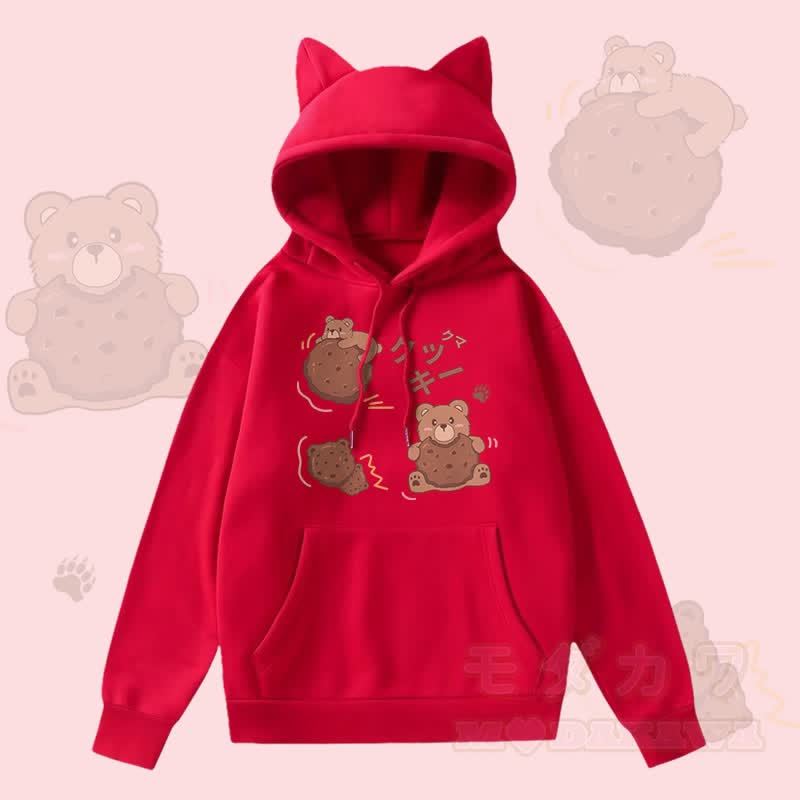 MODAKAWA Cookie Bear Grafik-Kapuzenpullover mit Taschenfutter und Katzenohren  - Rot - 2XL - image 4