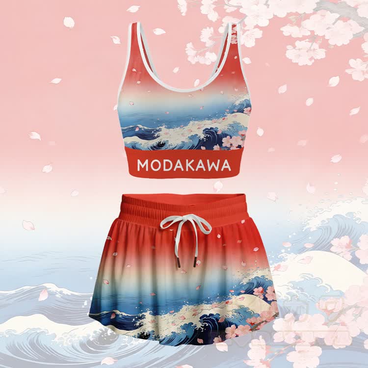 Wave Graphic Crop Tank Sport Top Skirt Bikini Modakawa Matching Outfit - Rotes Set - 4XL - image 4