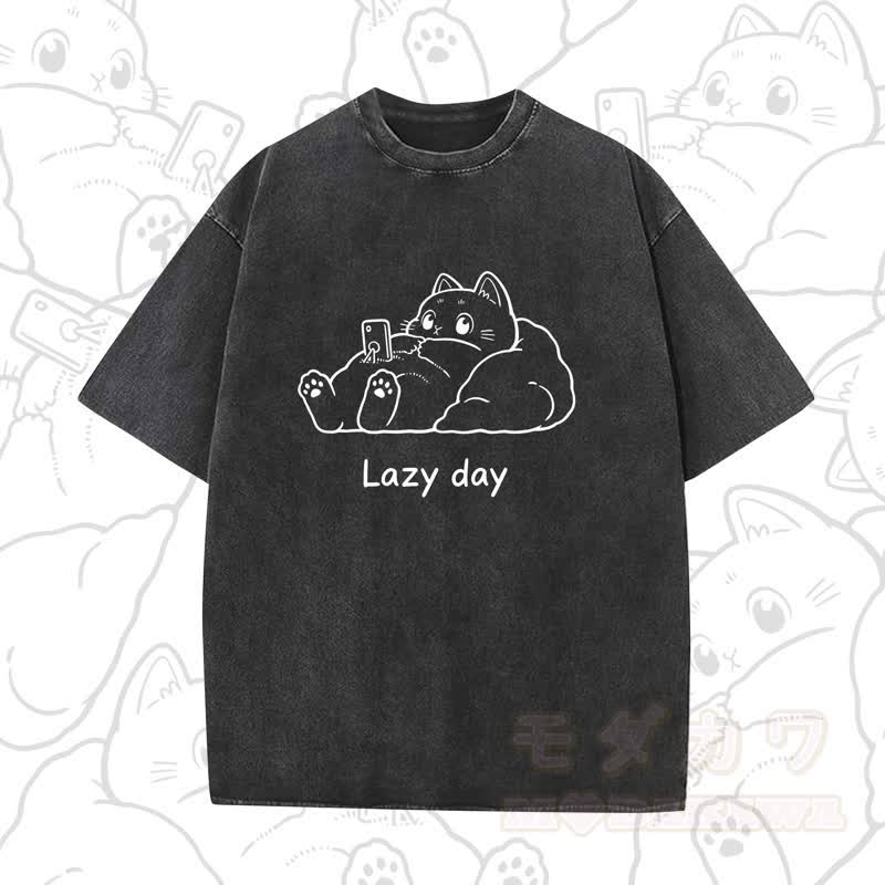 MODAKAWA LAZY DAY Kurzarm-T-Shirt mit niedlichem Katzenprint - Schwarz - 5XL - image 16