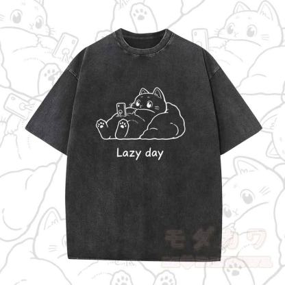 MODAKAWA LAZY DAY Kurzarm-T-Shirt mit niedlichem Katzenprint - Schwarz - 5XL - image 16