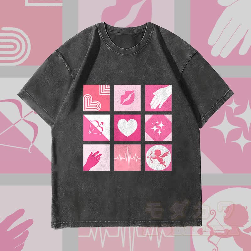 MODAKAWA Love Symbols Grid Graphic Unisex Vintage Washed T-Shirt - Schwarz - 4XL - image 4