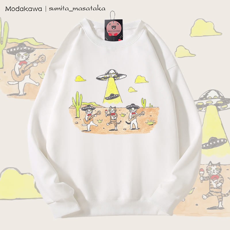 MODAKAWA X sumita_masataka Cat Band And The UFO Graphic Unisex Sweatshirt - White - 5XL - image 4