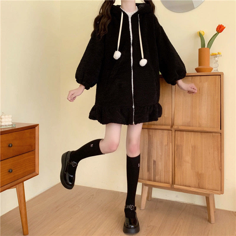 Niedliche Sherpa-Kapuzenjacke mit Hasenohren - image 7