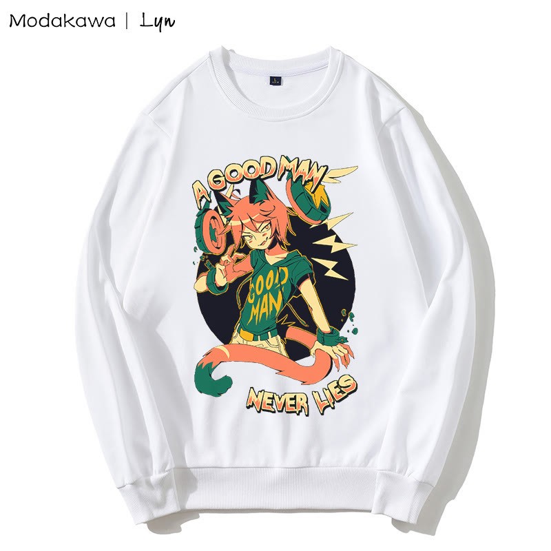MODAKAWA X Lyn Sweatshirt mit rundem Kragen und Kitty-Man-Print „A GOOD MAN NEVER LIES“ - White - 5XL - image 3