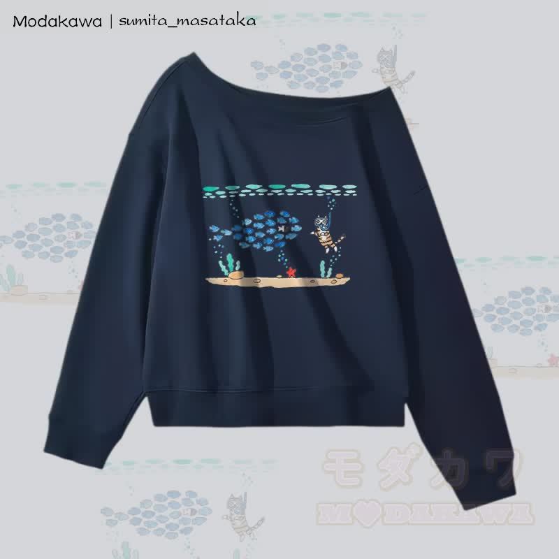 MODAKAWA X sumita_masataka Schulterfreies Sweatshirt mit tauchender Katzengrafik - Purpurblau - L - image 3