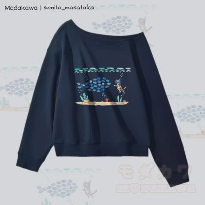 MODAKAWA X sumita_masataka Schulterfreies Sweatshirt mit tauchender Katzengrafik - Purpurblau - L - image 3