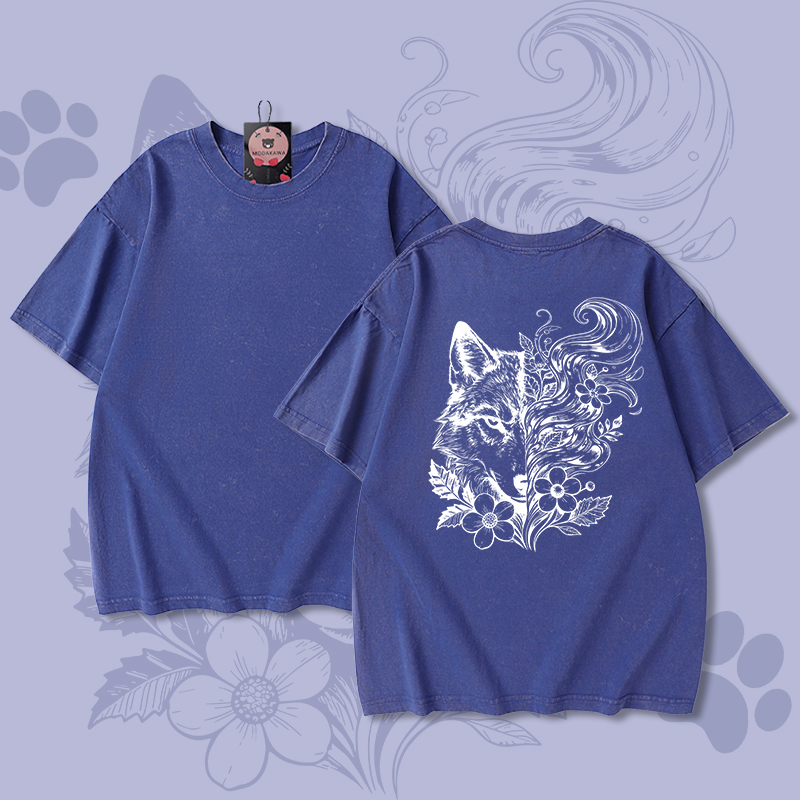 Modakawa Unisex Vintage Washed T-Shirt mit Wolfsblumenmuster - Blue - 5XL - image 4