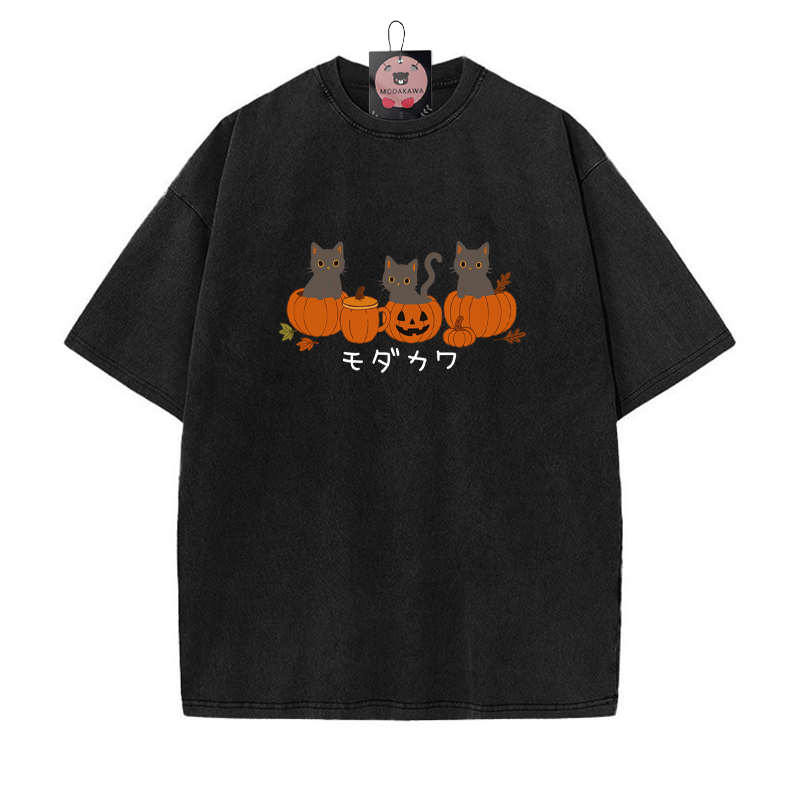Schwarze Katze auf Kürbistasse Grafik Unisex Vintage Washed T-Shirt - Schwarz - 5XL - image 6
