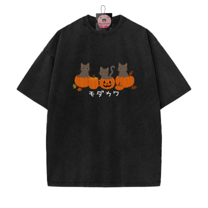 Schwarze Katze auf Kürbistasse Grafik Unisex Vintage Washed T-Shirt - Schwarz - 5XL - image 6