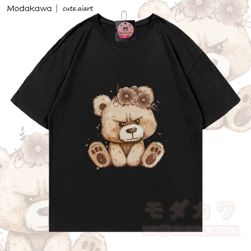 MODAKAWA X cute.aiart Floral Bear Graphic 100% Cotton T-Shirt - Schwarz - 5XL - image 3
