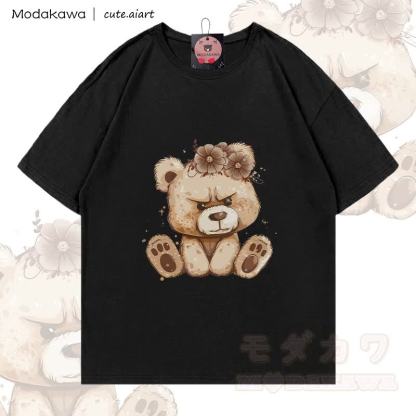 MODAKAWA X cute.aiart Floral Bear Graphic 100% Cotton T-Shirt - Schwarz - 5XL - image 3