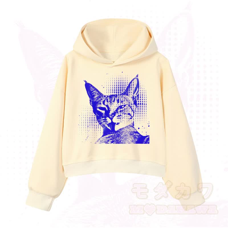 MODAKAWA Vintage Kapuzenpullover mit Katzenprint, kurz geschnitten   - Gelb - 3XL - image 14