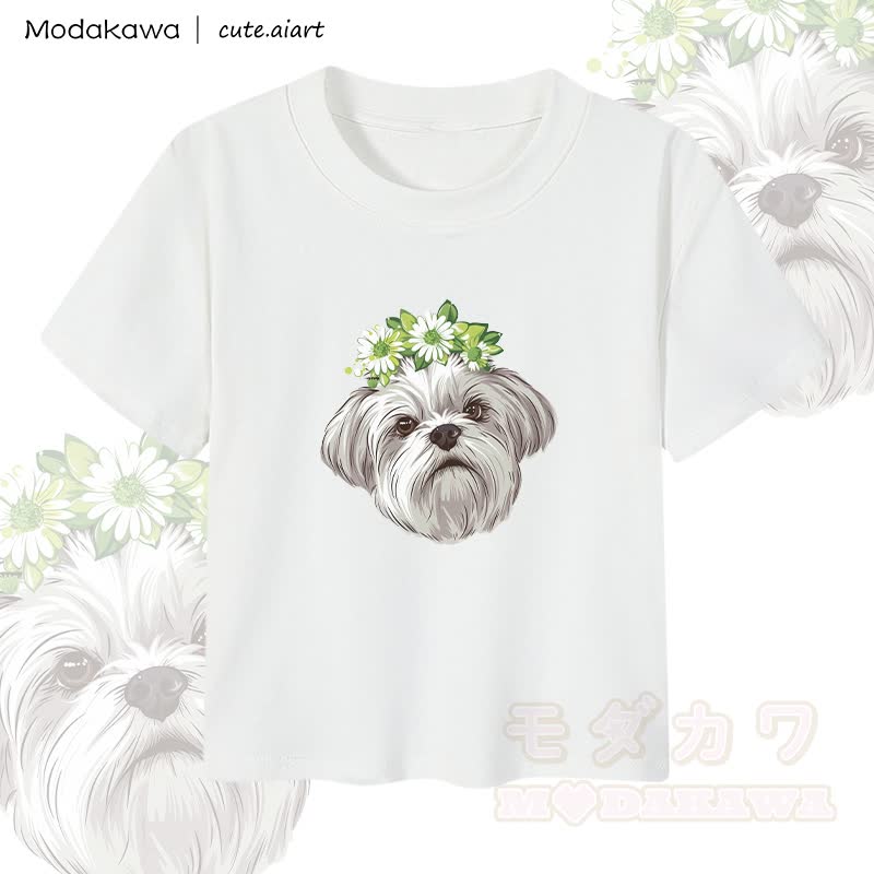 MODAKAWA X cute.aiart Damen-Crop-Top mit Blumen- und Welpenmotiv, 92 % gekämmte Baumwolle - Weiß - XL - image 3