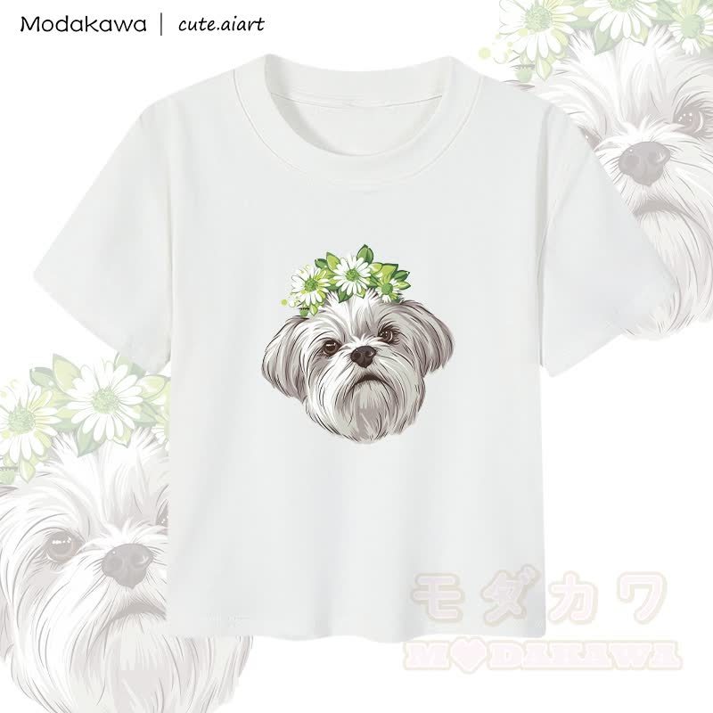 MODAKAWA X cute.aiart Damen-Crop-Top mit Blumen- und Welpenmotiv, 92 % gekämmte Baumwolle - Weiß - XL - image 3