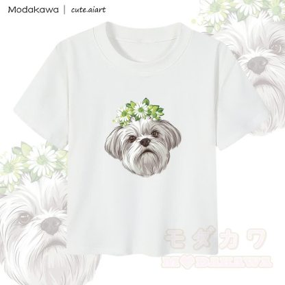 MODAKAWA X cute.aiart Damen-Crop-Top mit Blumen- und Welpenmotiv, 92 % gekämmte Baumwolle - Weiß - XL - image 3