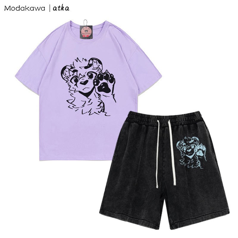 T-Shirt mit Tigerpfoten-Wellengrafik und verwaschenen Vintage-Shorts, zweiteiliges Set - Purple&Black - 3XL - image 9
