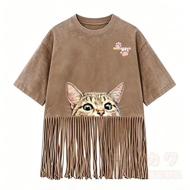 Kitty Graphic Modakawa Washed Fringe T-Shirt - Braun - 5XL - image 5