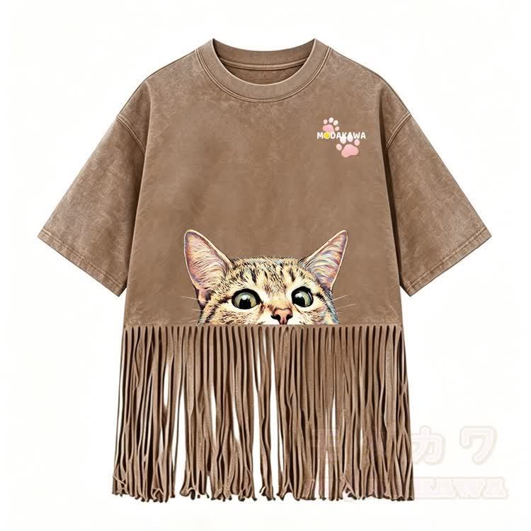 Kitty Graphic Modakawa Washed Fringe T-Shirt - Braun - 5XL - image 5