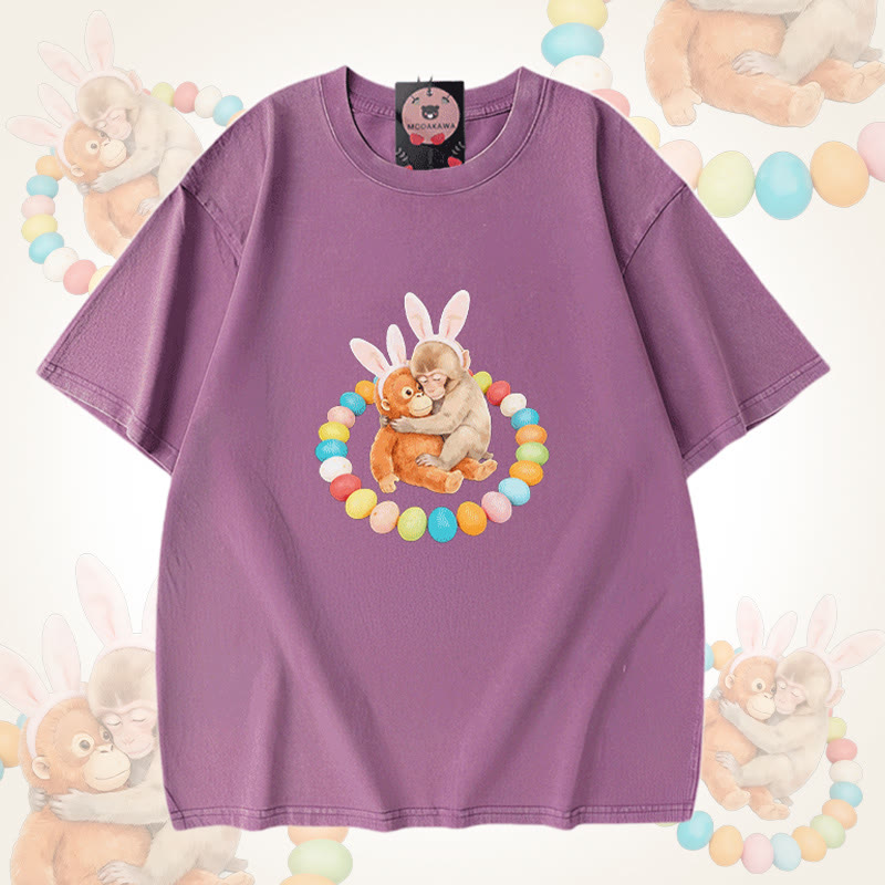 Modakawa Unisex Vintage Washed T-Shirt mit Osterei-Affen-Motiv - Purple - 5XL - image 7