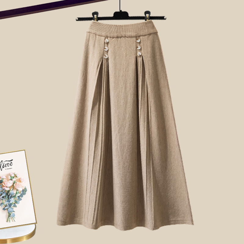 Strickjacke mit Schleife, passender Pullover und Rock - Brown Skirt - XL - image 9