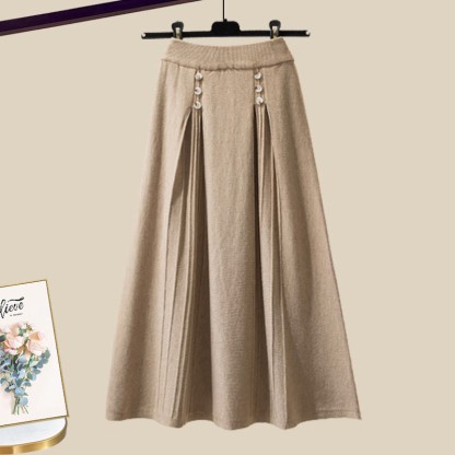 Strickjacke mit Schleife, passender Pullover und Rock - Brown Skirt - XL - image 9