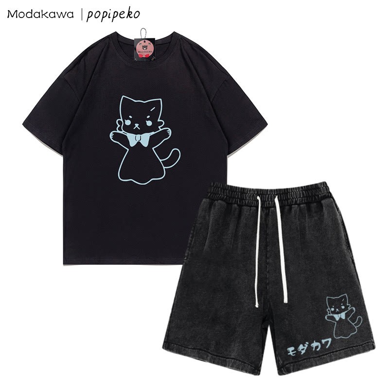 Zweiteiliges Set mit T-Shirt mit Kitty-Grafik und verwaschenen Vintage-Shorts - Black - 3XL - image 6