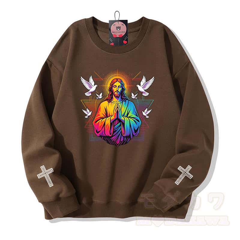 Modakawa Sweatshirt mit Regenbogen-Gebetstauben-Kreuz-Grafik - Braun - 5XL - image 5
