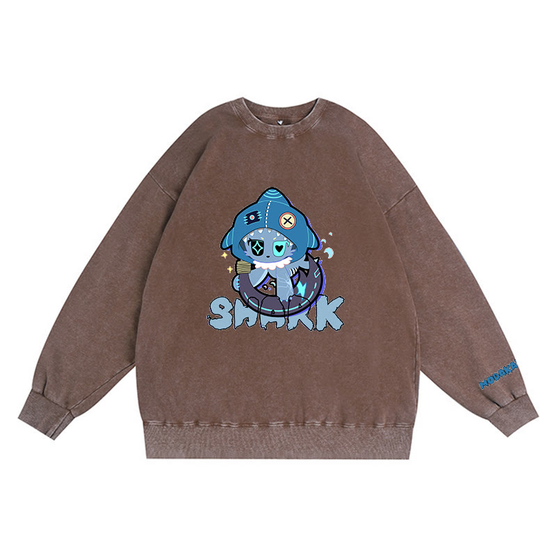 Verspieltes Hai-Grafik-Dunkelästhetisches Unisex-Vintage-Washed-Sweatshirt - Brown - 3XL - image 3