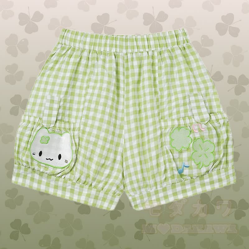 Polka Dot Cat Graphic Top Kitty Gingham Shorts Modakawa Matching Outfit - Grüne Shorts - L - image 7