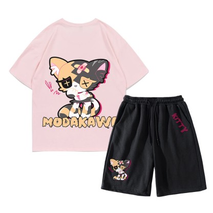 Sad Kitty Grafik Dark Aesthetic T-Shirt Shorts Zweiteiliges Set - Rosa&Schwarz - A - 5XL - image 7