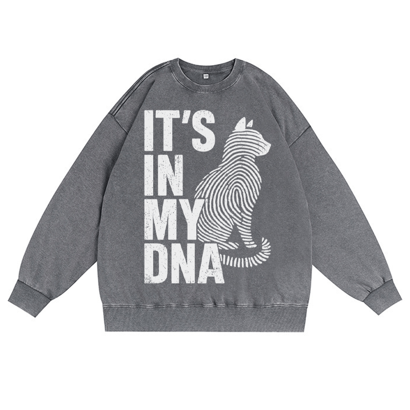 IT'S IN MY DNA Katzenliebhaber Unisex Vintage Washed Sweatshirt Fingerabdruck Grafik Crewneck Pullover - Grau - 3XL - image 3