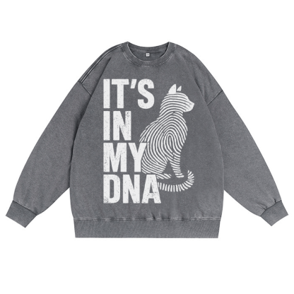 IT'S IN MY DNA Katzenliebhaber Unisex Vintage Washed Sweatshirt Fingerabdruck Grafik Crewneck Pullover - Grau - 3XL - image 3