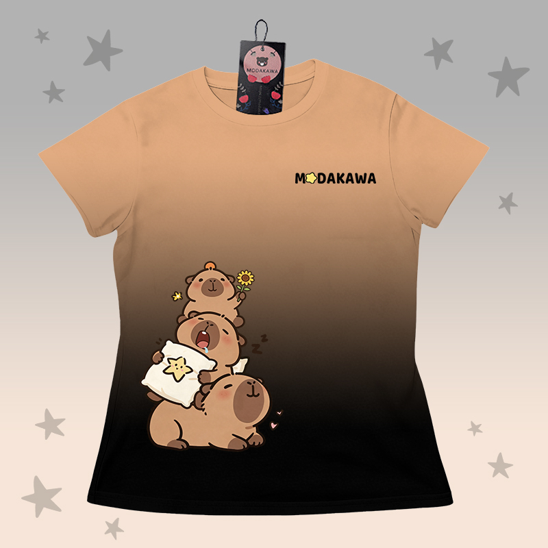 T-Shirt mit Farbverlauf und Capybara-Grafik, Shorts mit Buchstabengrafik von Modakawa, passendes Outfit - Brown & Black T-shirt - 5XL - image 5