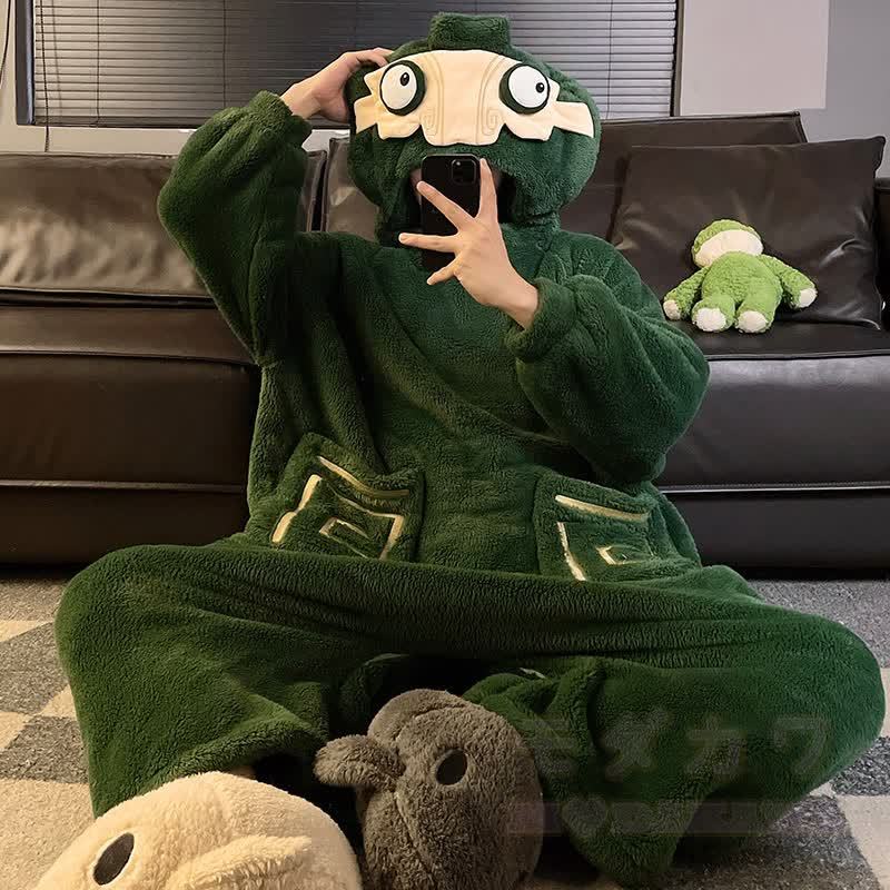 Lustiger Monster-Plüsch-Kapuzen-Einteiler-Schlafanzug - Grün A - 2XL - image 3