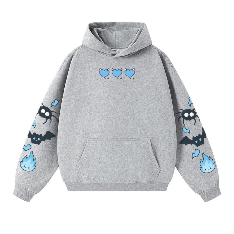 Schrulliger Kapuzenpullover mit Spinnen-/Fledermaus-/Flammen-Grafik, warm, dick - Grey - 3XL - image 5