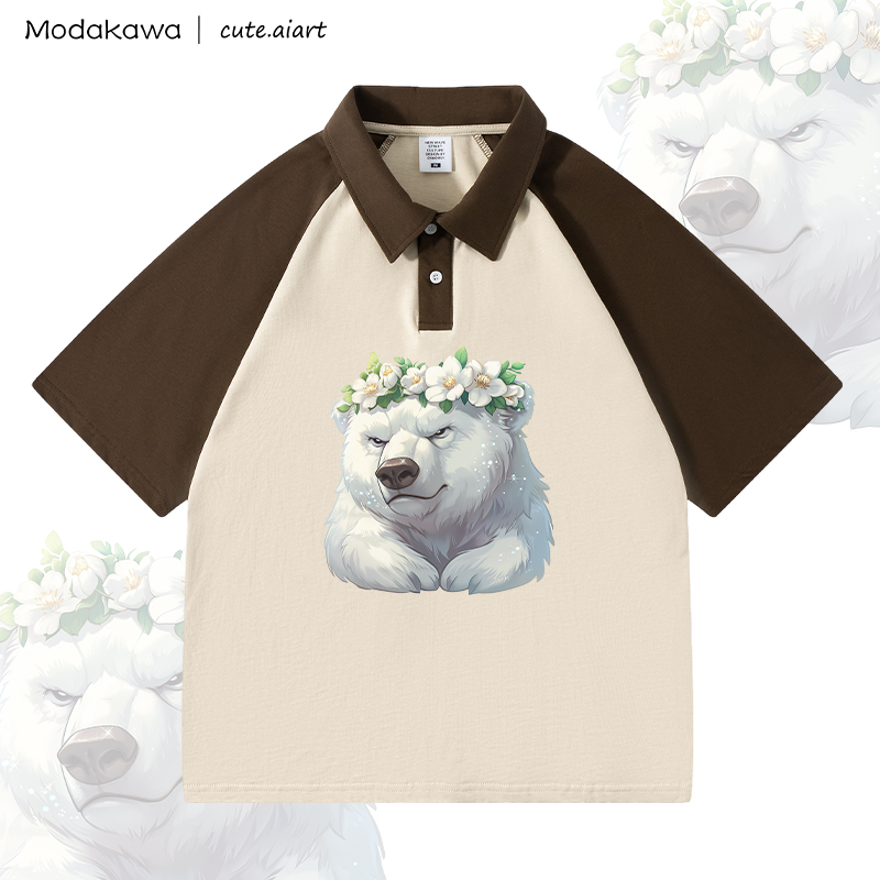 MODAKAWA X cute.aiart Floral Bear Graphic 100% Cotton POLO T-Shirt - Brown & Apricot - 4XL - image 2