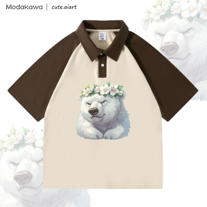MODAKAWA X cute.aiart Floral Bear Graphic 100% Cotton POLO T-Shirt - Brown & Apricot - 4XL - image 2