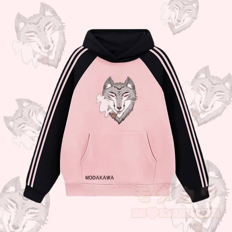 MODAKAWA Smoking Wolf Graphic Farben Block Fleece Lined Hoodie - Rosa - 2XL - image 3