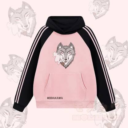MODAKAWA Smoking Wolf Graphic Farben Block Fleece Lined Hoodie - Rosa - 2XL - image 3