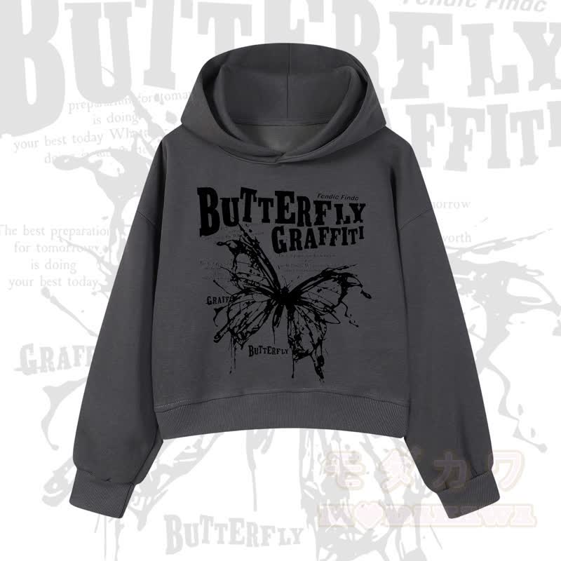 MODAKAWA BUTTERFLY GRAFFITI Cropped Cotton Hoodie - Dunkelgrau - 3XL - image 7
