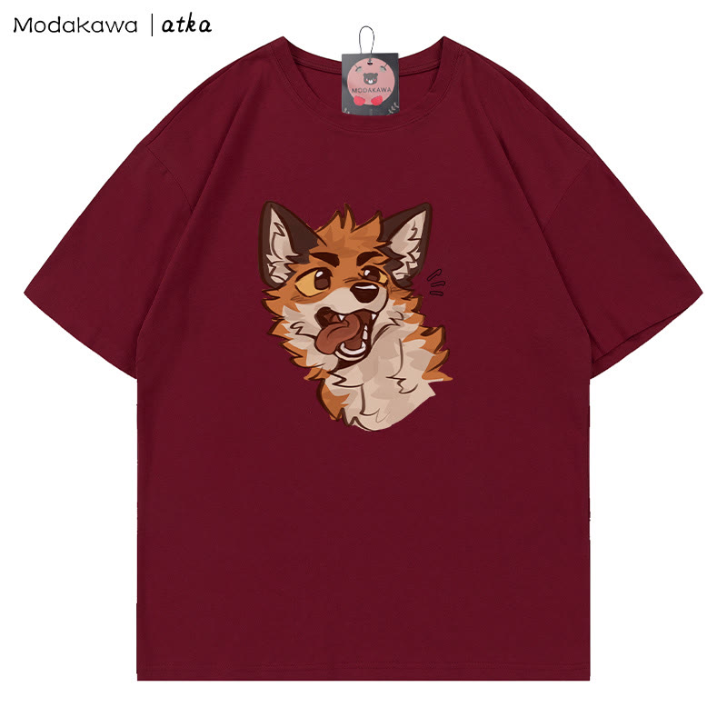 MODAKAWA X atka T-Shirt mit verspieltem Fuchsgesicht-Grafik - Wine Red - 5XL - image 5