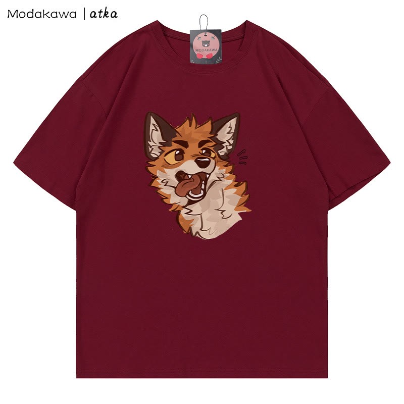 MODAKAWA X atka T-Shirt mit verspieltem Fuchsgesicht-Grafik - Wine Red - 5XL - image 5
